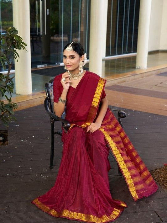 Red Crepe Woven Saree and Stitched Red Blouse