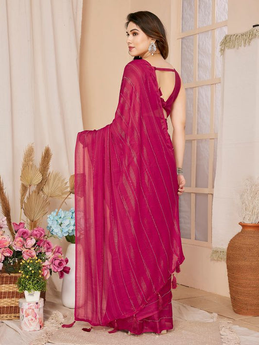 Pink Wevon Designer & Swarovski Work Georgette Saree