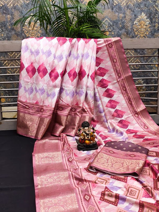 Pink Dola Silk Wevon Designer Heavy Ethnic Saree With Trendy Digital Printed