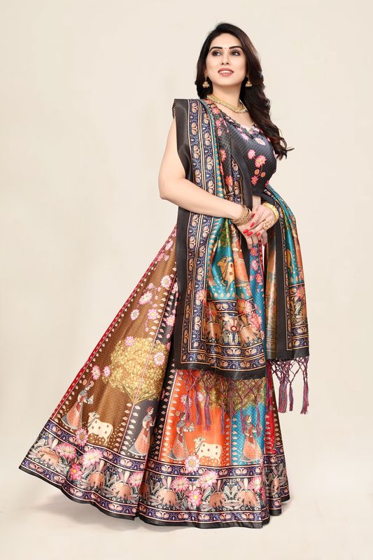 Digital Print Satin Silk Fabric Stitched Lehenga Choli With Jequared Blouse and Assami Silk Thread Work Dupatta For Women and Girls In Festive Party And Traditional Wear