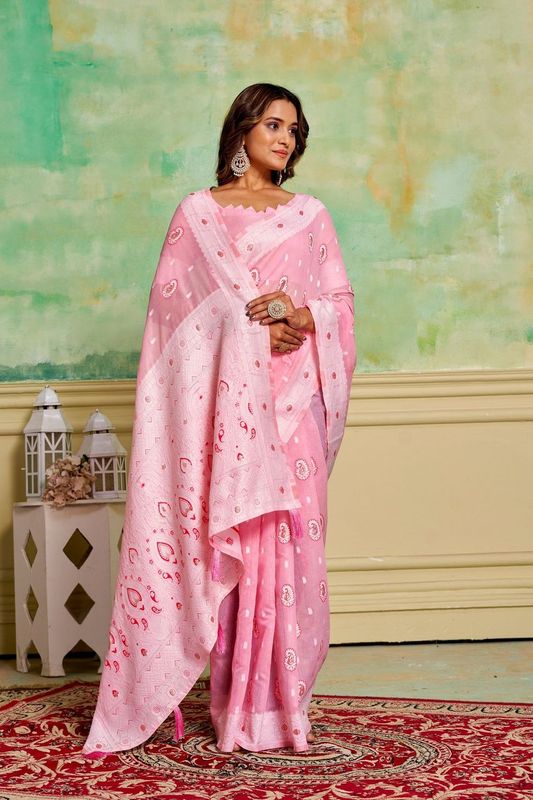 Pink Color Cotton Fabric Wevon Designer Ethnic Festive Wear Saree