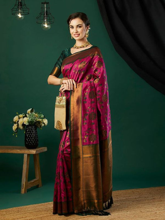 Pink Color Ethnic Banarasi Silk Saree With Floral Woven Designer Looks