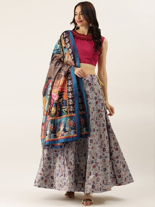 Digital Print Satin Silk Fabric Stitched Lehenga Choli With Jequared Blouse and Assami Silk Thread Work Dupatta For Women and Girls In Festive Party And Traditional Wear