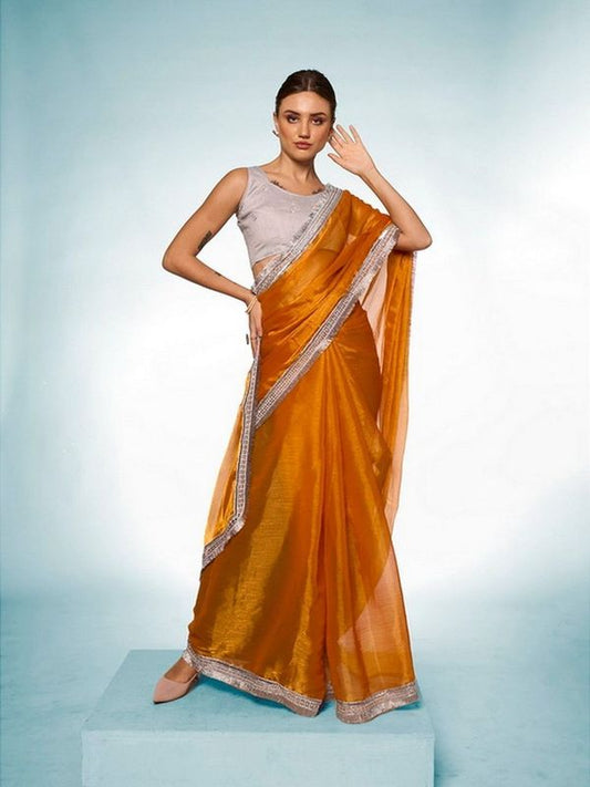 Glamorous Musterd Color Burburry Fabric Trendy Designer Bollywood Saree