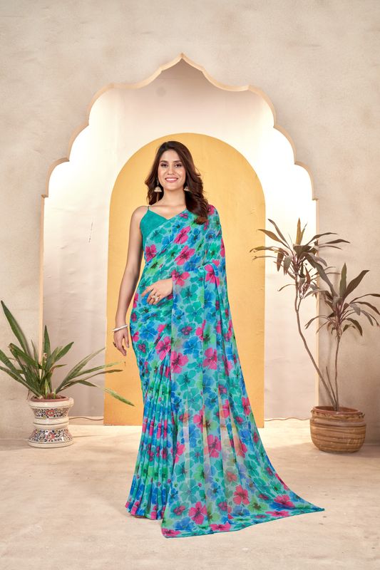 Sea Green Designer Printed Weight Less Saree