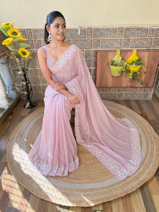 Lavender Georgette Heavy Sequins Embroidery Work Partywear Graceful Saree