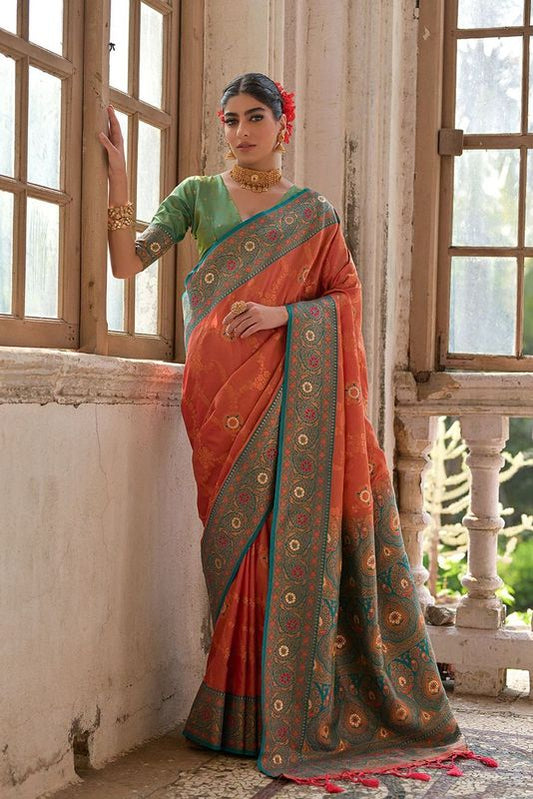 Peach All Over Flower Printed Zari Woven Jal With Zari Woven Contrast Pallu Saree