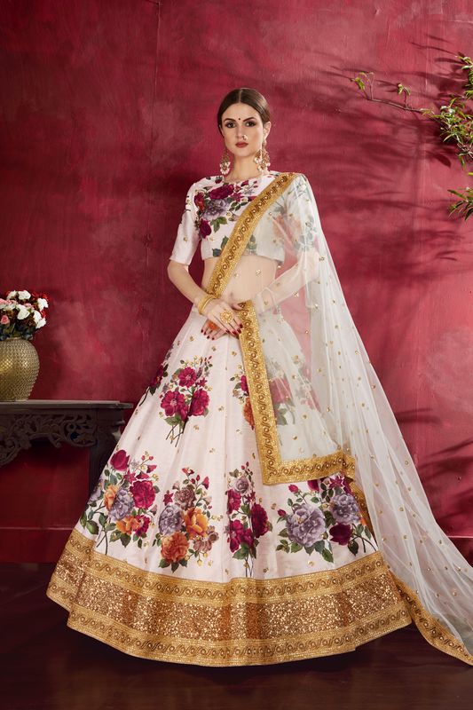 Off-White Women's Heavy Banglori Silk Embroidery Lehenga Choli