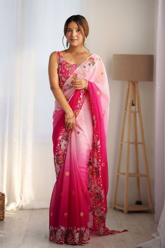 Pink Georgette Fabric Bollywood Style Pedding Color With Embroidery Work Saree