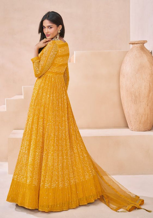 Yellow Color Bollywood Style Heavy Anarkali Dress For Wedding Reception Wear