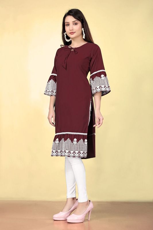 Wine Cotton Fabric Thread Embroidery Work Kurti For Formal Looks