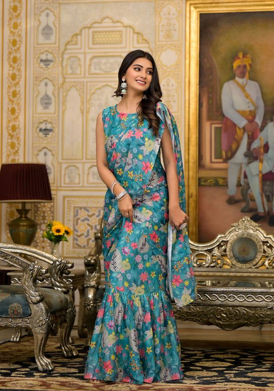 Blue Imported Georgette Designer Printed Gown With Attachable Pallu For One Minute Saree Looks