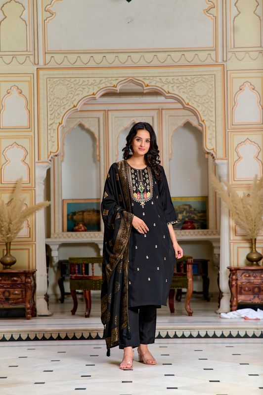Black Chanderi Silk Straight Kurta