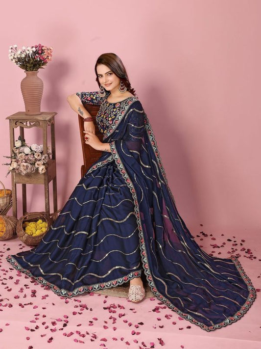 Nevy Blue Multy Thread & Sequance Embroidery Work Rangoli Silk Saree