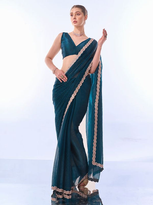 Teal Blue Designer Work Lace Border & Swarovski Work Burburry Saree