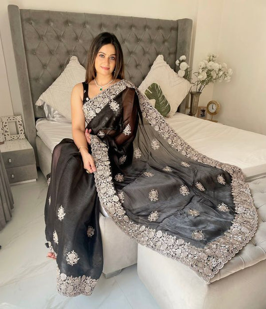 Black Heavy Golden Jari Embroidery Work Organza Silk Saree