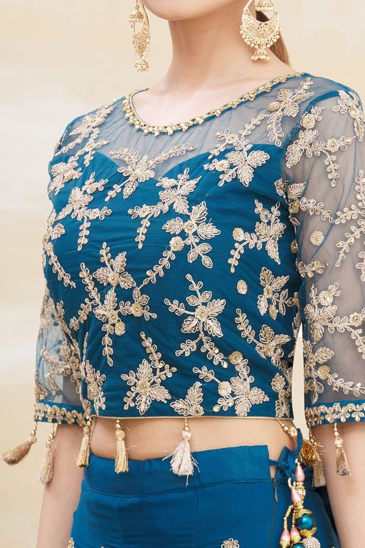 Teal Blue Color Satin Silk Fabric Heavy Adorable Wedding Ceremony Lehenga Set