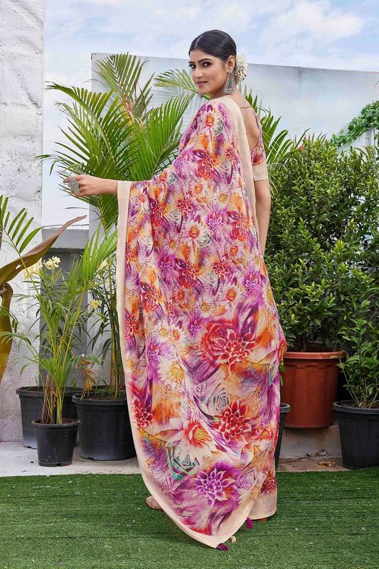 Purple Color Beautiful Fashinove Looks Smart Printed Linen Blend Saree