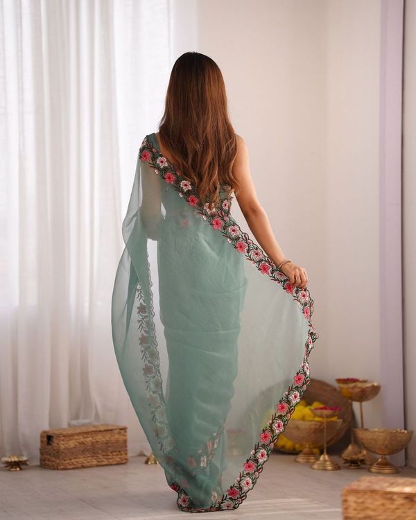 Green Color Gold Crush Fabric Multy Thread Embroidery Work Saree For Party Looks