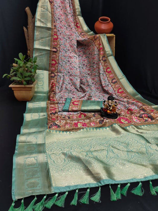 Sea Green Pashmina Wevon Designer Heavy Looks Saree With Digital Printed