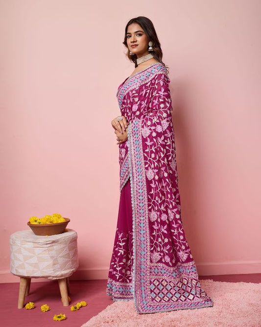 Pink Multy Thread Embroidery Work Georgette Saree