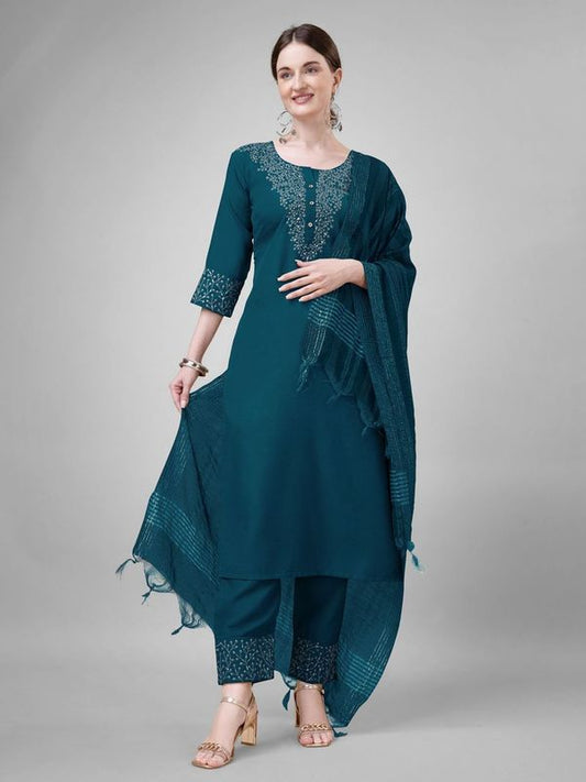 Teal Blue Cotton Blend Ethnc Formal Looks Stitched Salwar Kameez