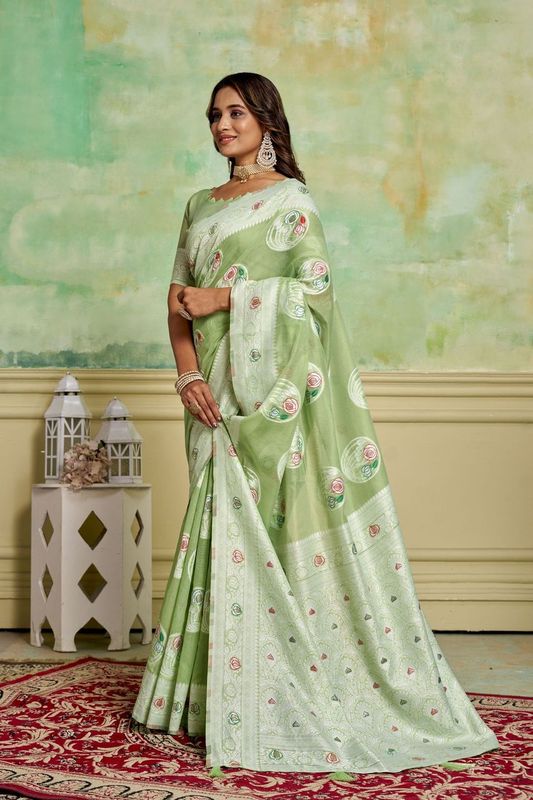 Green Color Rich And Elegant Woven Designer Cotton Fabric Saree