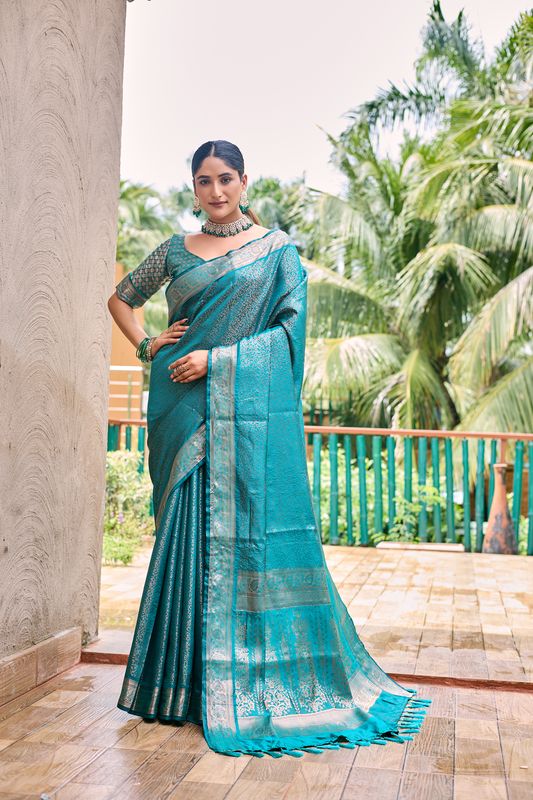 Blue Wevon Copper Jari Designer Kanjivaram Sik Saree