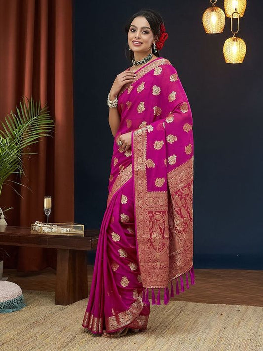 Pink Colour Georgette Fabric Designer Zari Woven Saree For Partywear Looks