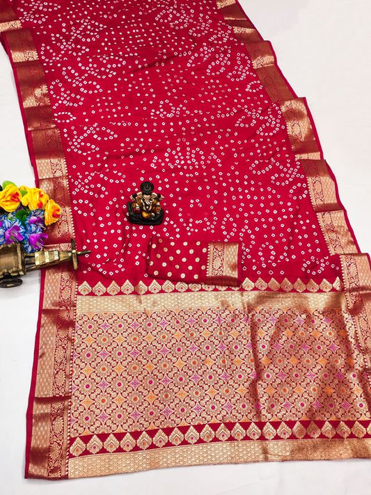 Maroon Wevon Designer & Hand Bandhej Dola Silk Saree