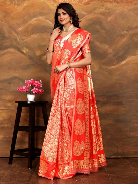 Red Color Ethnic Silk Blend Fabric Graceful Festive Saree With Wevon Jacquard Designer