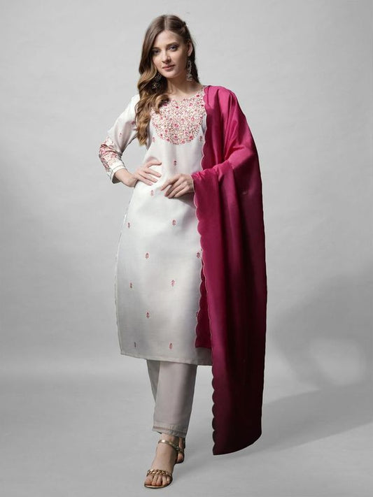 White Color Cotton Blend Readymade Dress With Designer Embroidery Work