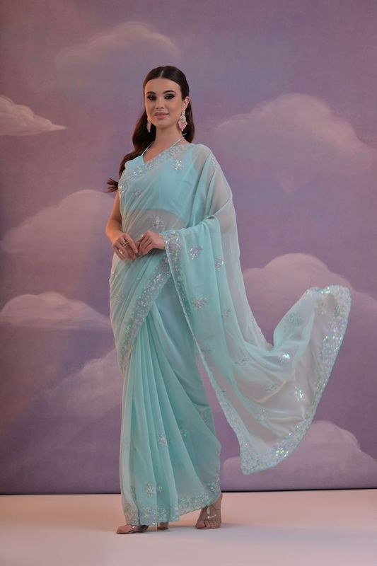 Blue Designer Sequance Embroidery Work Georgette Saree