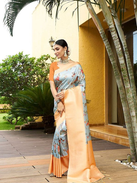 Grey Color Trendy Crepe Saree With Woven Zari Patta And Designer Print Work