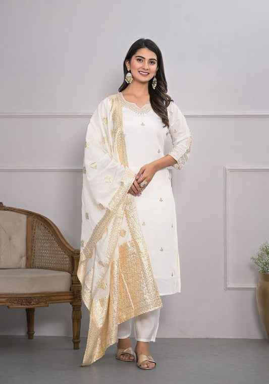 White Color Viscoce Silk Fabric Designer Embroidery Work Salwar Kameez For Ceremonial Looks