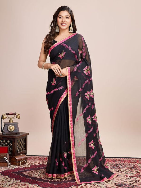 Black Beauty Designer Embroidery Georgette Fabric Girlie Rich Look Saree