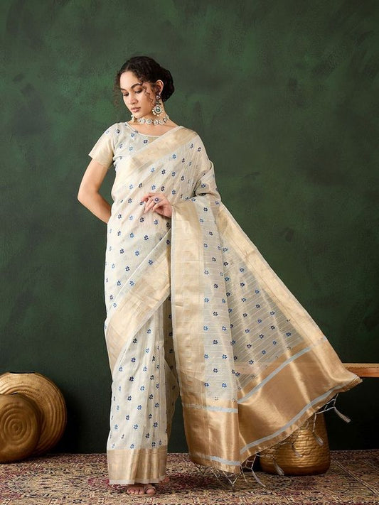 Sky Blue Khadi Organza Woven Designer Saree With Classy Brush Paint Work