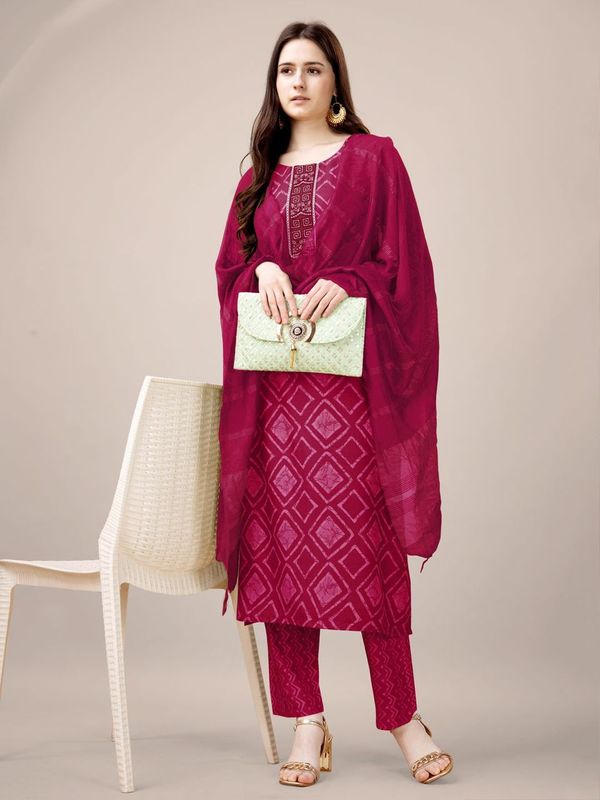 Pink Color Rayon Fabric Designer Printed Readymade Suits With Smart Embroidery Work