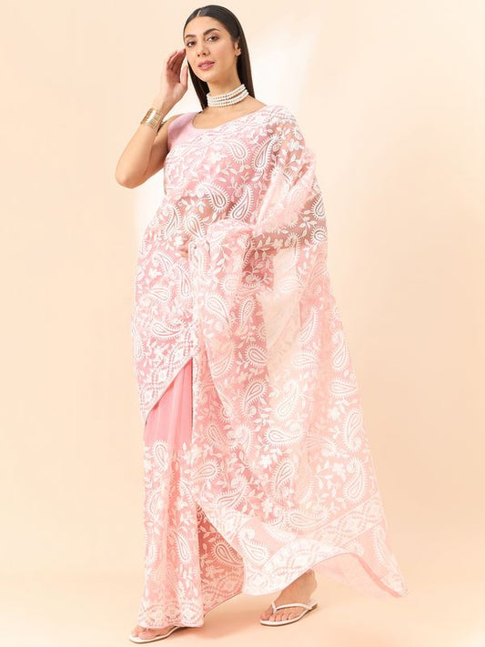 Pink Designer Thread Embroidery Work Organza Saree