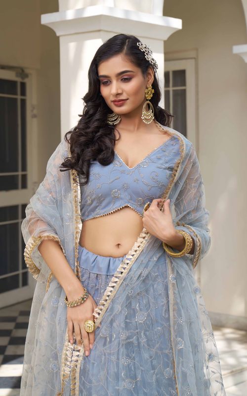 Light Blue Color Net Fabric Lehenga Choli With Sequins And Thread Embroidery Work