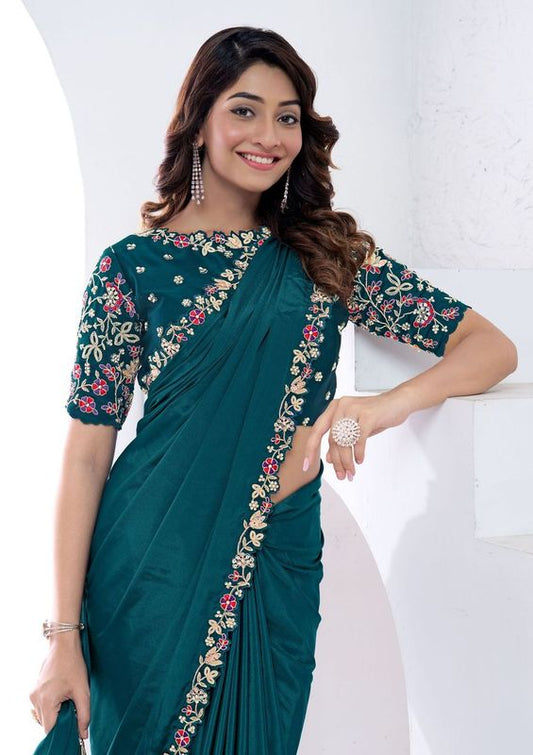 Teal Sequence Embroidery & Hand Work Crepe Silk Saree