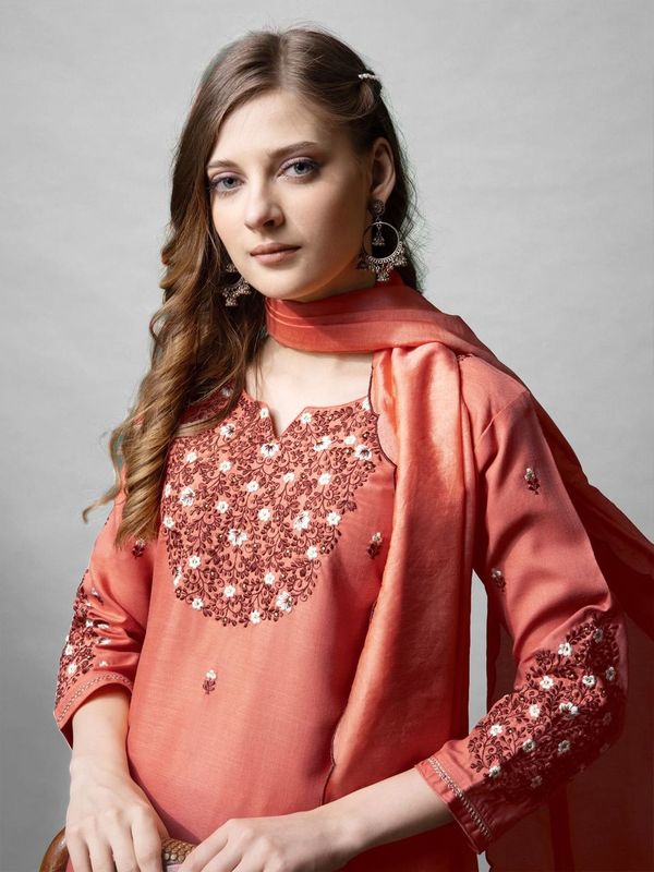 Coral Color Cotton Blend Readymade Dress With Designer Embroidery Work