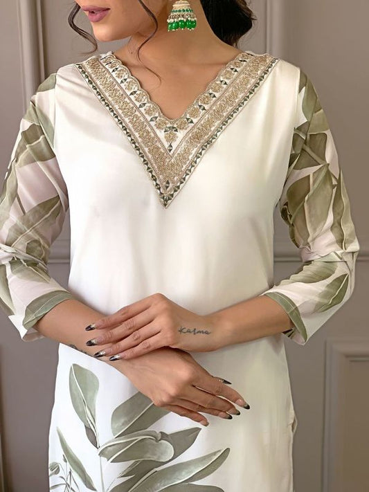 Green French Crepe Straight Kurta