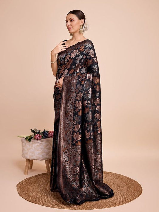 Black Weaving Copper Jari Designer Handloom Silk Saree