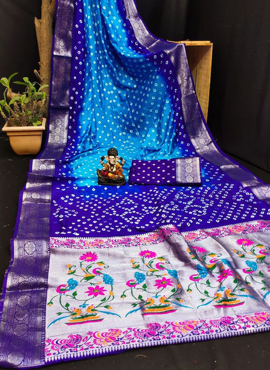 Blue Dola Silk Wevon Designer Saree With Traditional Hand Bandhej Printed