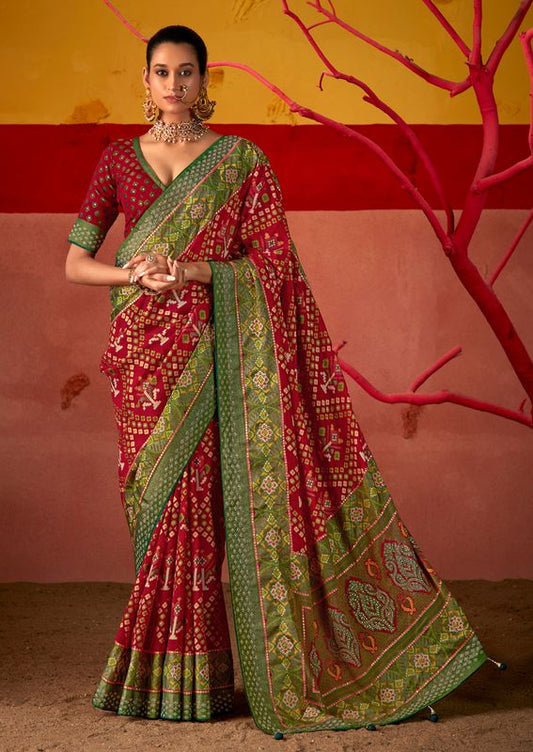 Red Wine Wevon Border Designer With Patola Printed Silk Saree