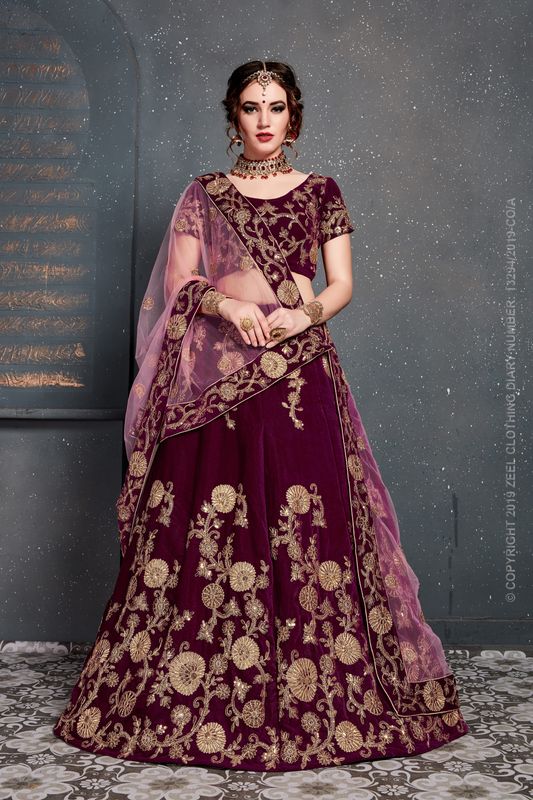 Purple Women's Velvet Embroidery Lehenga Choli