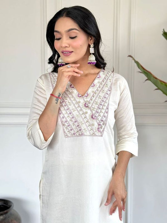 White Chanderi Viscose Straight Kurta