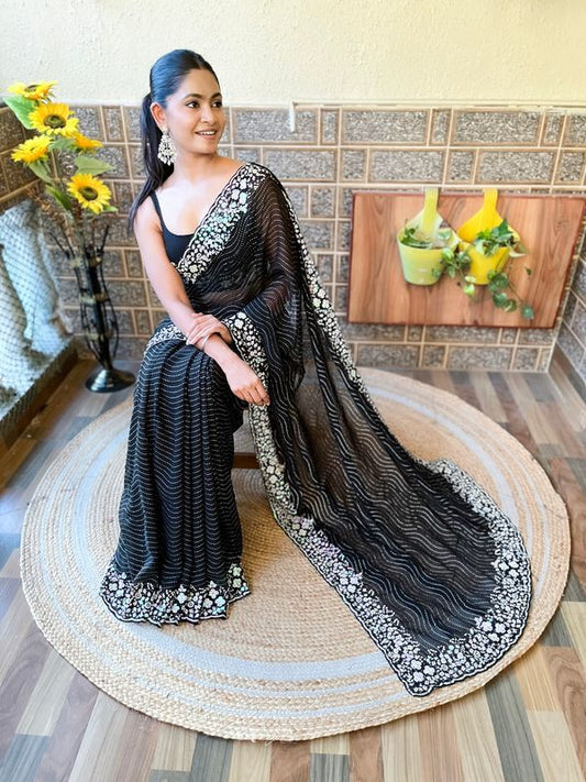 Black Georgette Heavy Sequins Embroidery Work Partywear Graceful Saree