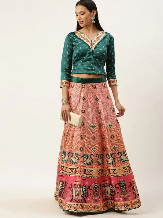 Ethnic Motifs Digital Print Shiney Satin Croptop Lehenga Choli With Blouse For Women and Girls